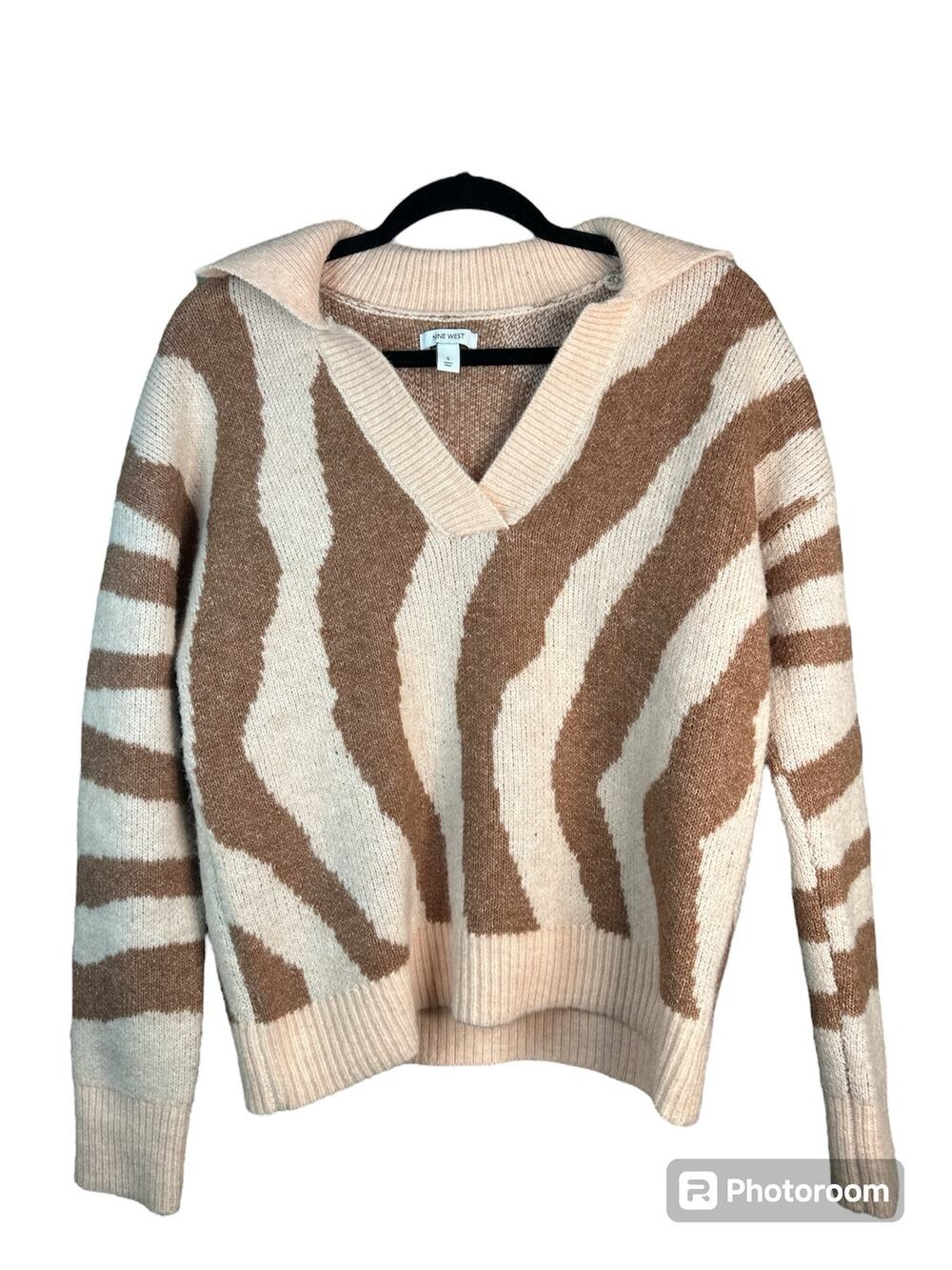 Nine West Long Sleeve Collared V Neck Wool Pink Pullover Sweater Size Small